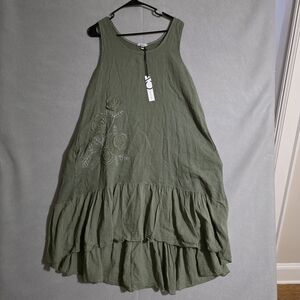 NWT Cristina Vergani Green Floral Embroidered Linen Blend Midi Dress Size Small